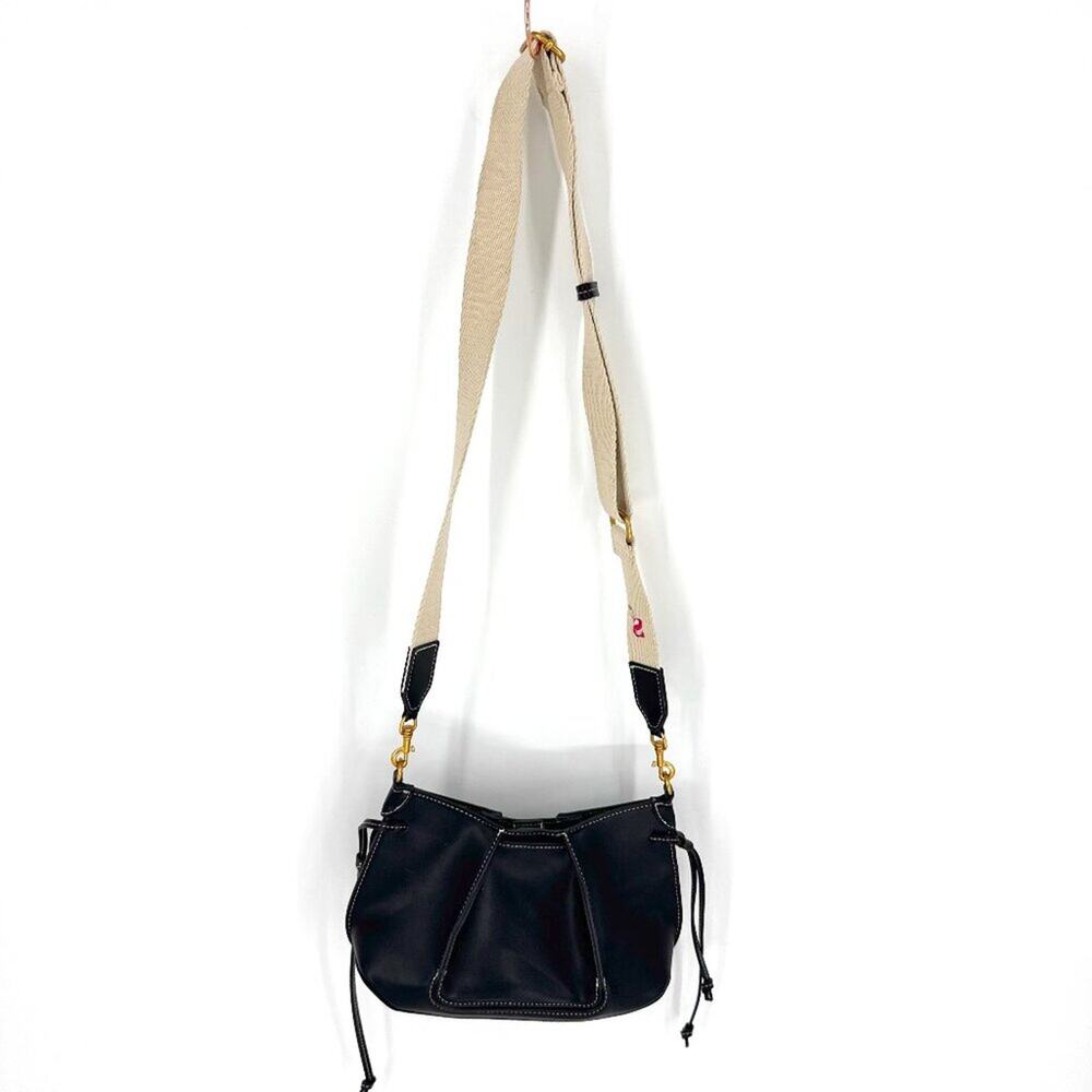 Zara Faux‎ Leather Pleated Crossbody Bag Black with Canvas Strap Black